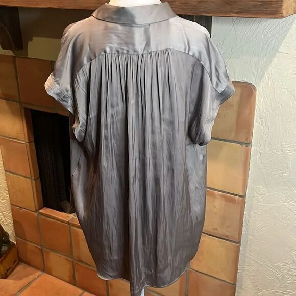 By Together Pleated Polyester Satin 1/2 Button Up Blouse, S! - Picture 7 of 11